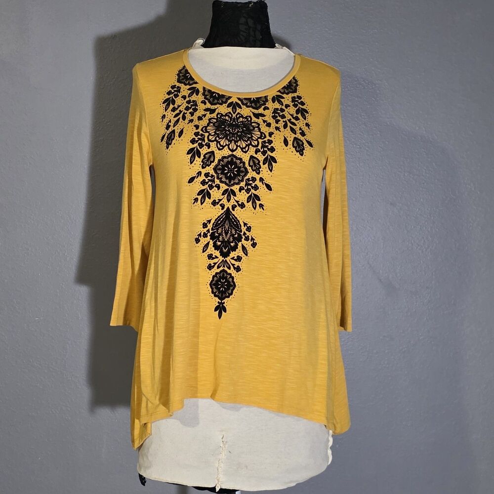 Westport Womens Tops Tunic Embroidered Mustard Yellow sz M